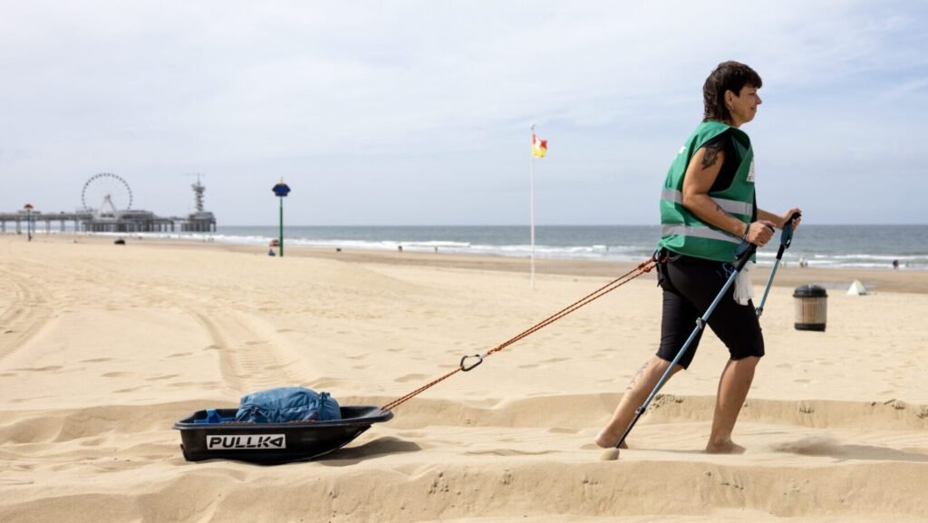 Sled-pulling workout and beach cleanup at Noorderstrand